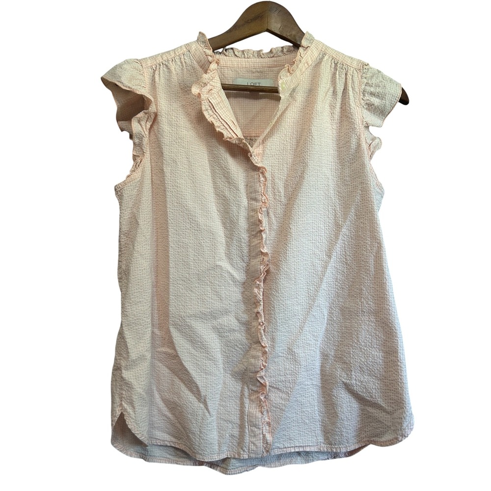 LOFT Sleeveless Ruffle Collar Button Front Pink Gingham Top Blouse Size S